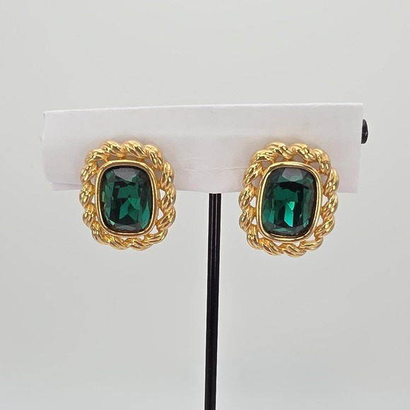 Swarovski Jewelry - Vintage SWAROVSKI Signed Earrings Green Crystal 18k Yellow Gold Plate Clip-On